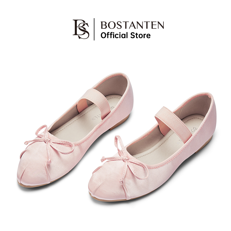 BOSTANTEN Sepatu Wanita Karet Elastis Ujung Bulat Desain Kasual Nyaman Elegan Warna Pink dan Putih 36-40