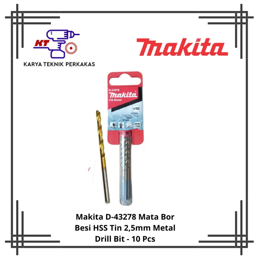 Makita D-43278 Mata Bor Besi HSS Tin 2,5mm Metal Drill Bit - 10 Pcs