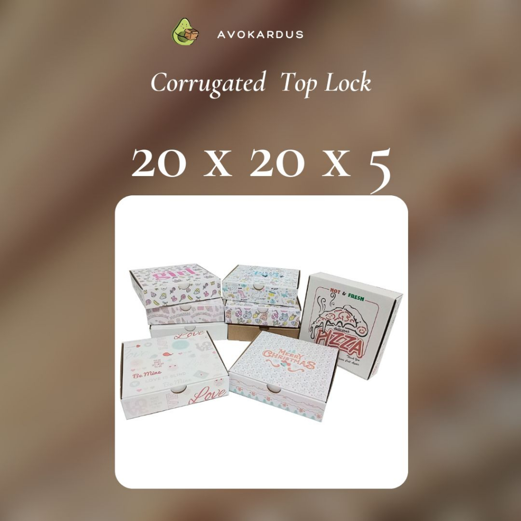 

Kardus Corrugated Die Cut 20x20x5 Top Lock Kotak Dus Pizza Coklat Putih Motif