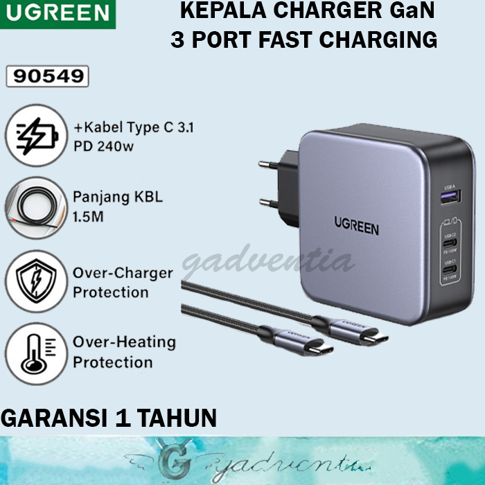 Ugreen Nexode Kepala Adaptor Charger GaN Fast Charging 20W 30W 45W 65W 100W 140W 200W Laptop Handphone Iphone Android-140W GREY