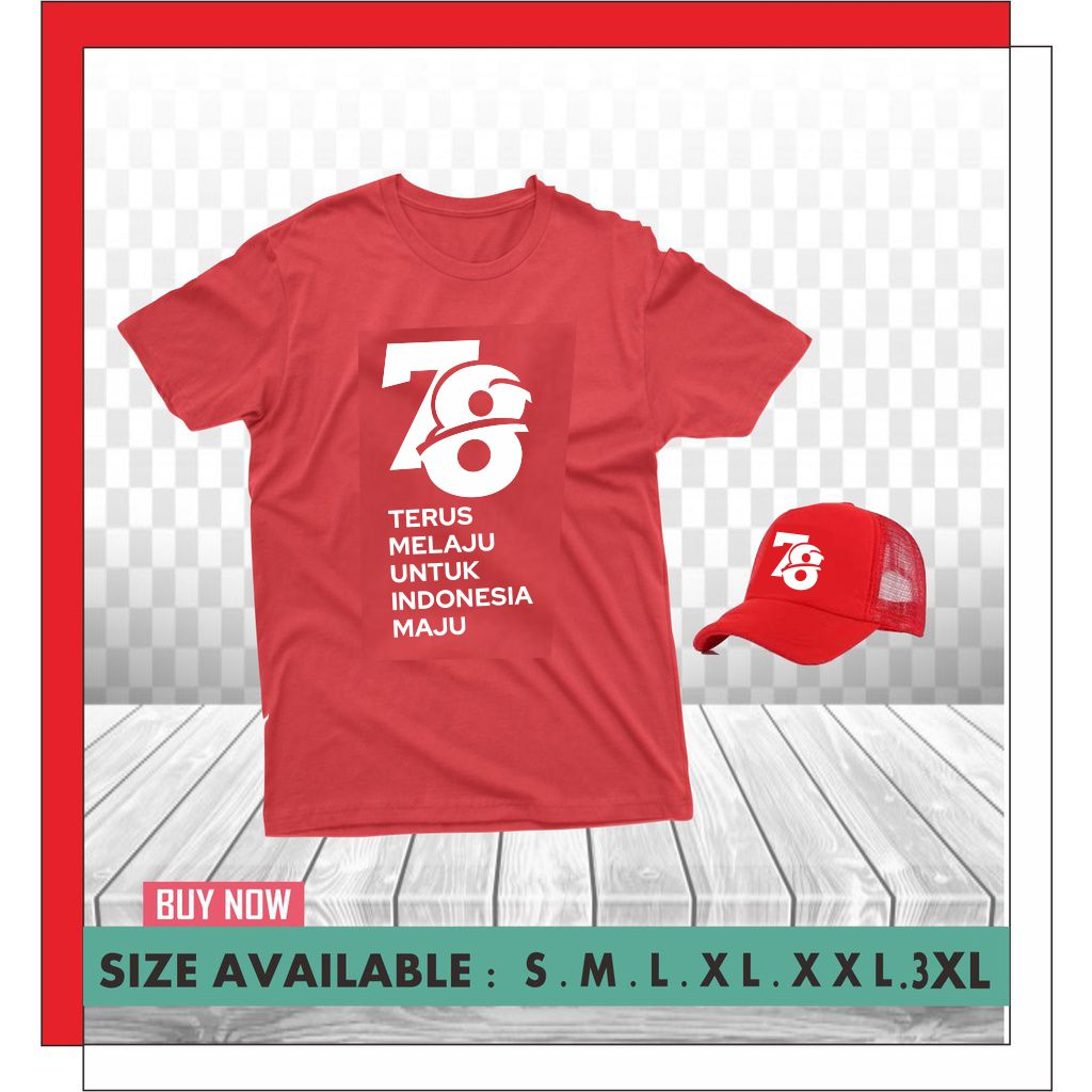 Baju Kaos Tshirt Kualitas Distro/Baju Agustusan/Baju HUT RI INDONESIA 77 plus TOPI