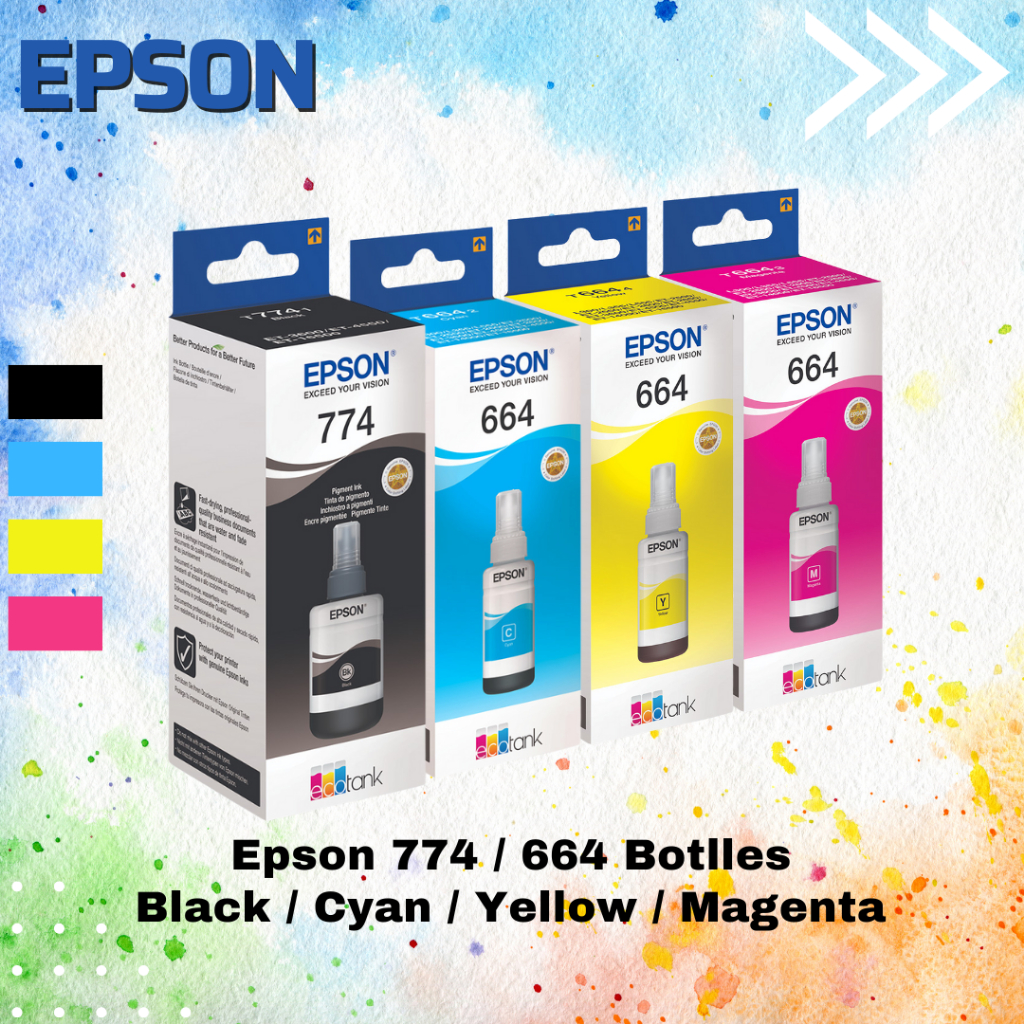 1 Set Epson 664 Cyan Yellow Magenta Epson 774 BK Black Hitam