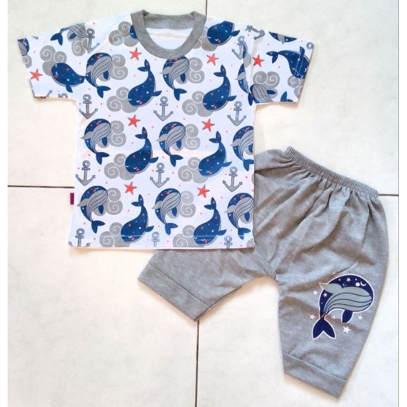 SETELAN BAJU BAYI LAKI-LAKI 0-2THN, BAJU BAYI GAMBAR IKAN PAUS, SETELAN BAYI MOTIF IKAN, SETELAN JOG