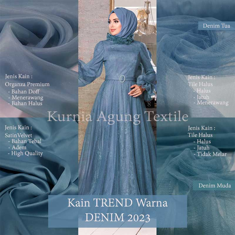 Kain Warna DENIM Soft Tille Satin Velvet Organza Premium Polos Bridesmaid Meteran dan 0.5 Meteran Bahan Gaun Dress