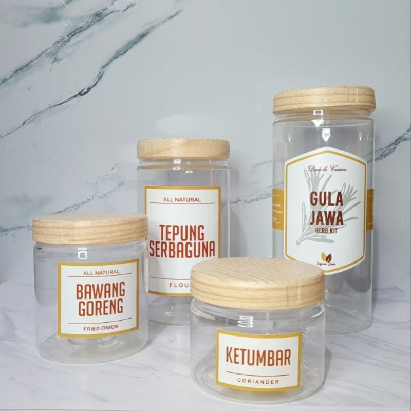 Toples Tutup Motif Serat Kayu Warna Putih + Stiker CUSTOM + Sendok. Toples Plastik Estetik Viral