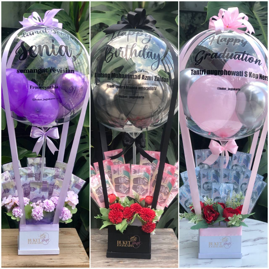 Buket balon uang / Bouquet balon uang Warna lilac Ukuran Regular Gratis kartu ucapan