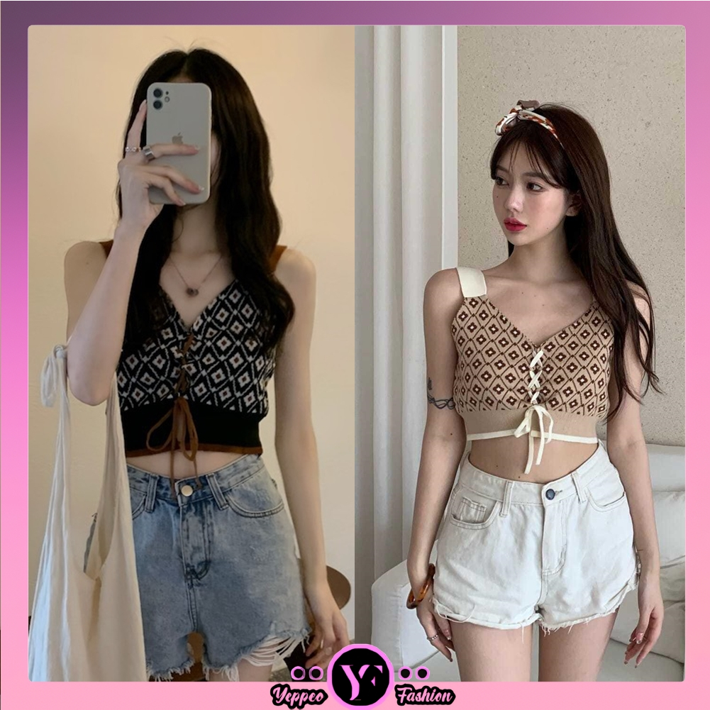•YF• BJ1293 Baju Tanktop CropTop Knit Vest Atasan Rajut Vneck Korean Sexy Motif Tali Ikat Depan
