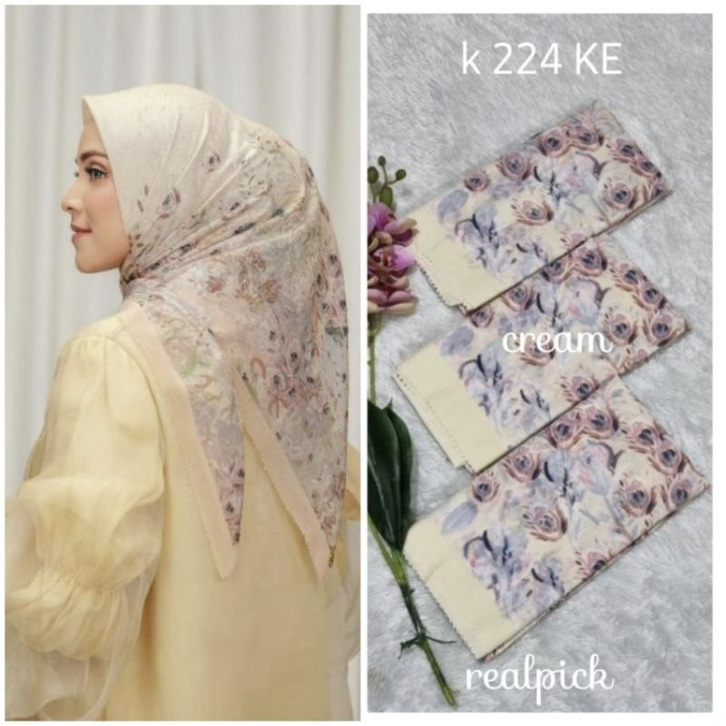 Promo Hijab Segi Empat Voal Motif Merak Warna Cream Jilbab Murah Terbaru