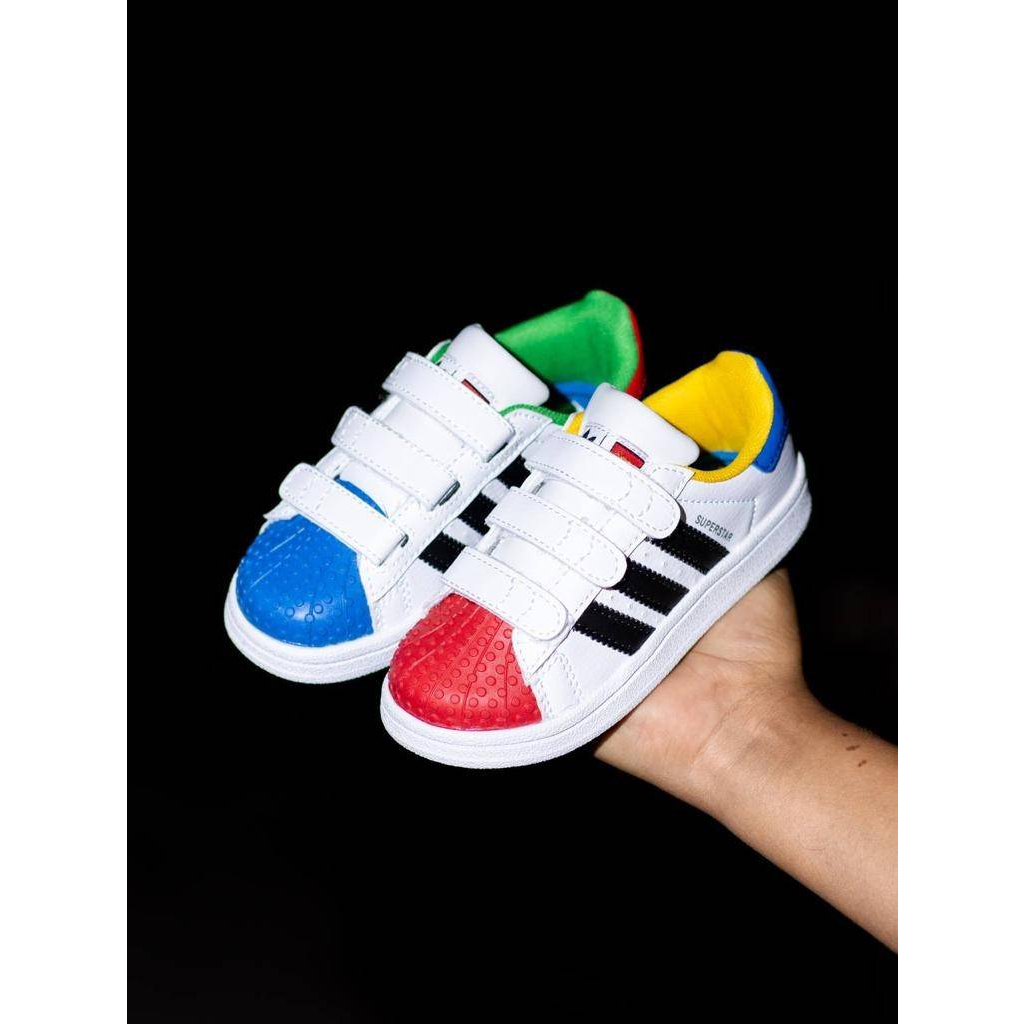 ADIDAS SUPERSTAR KIDS VELCRO LEGO WHITE BLUE RED