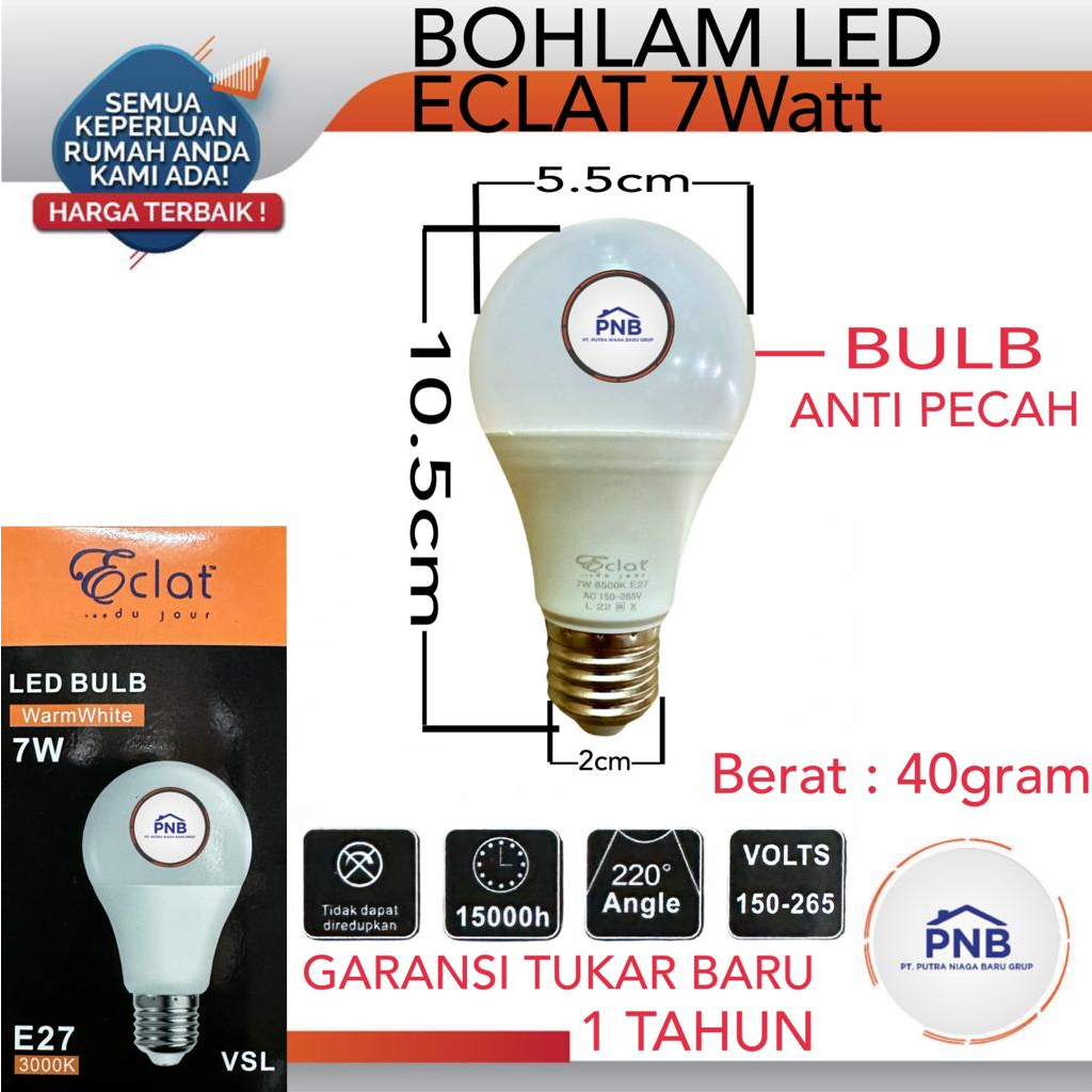 Eclat LED Bulb 7W E27 Bohlam Lampu LED Bulb 7 Watt Warm White