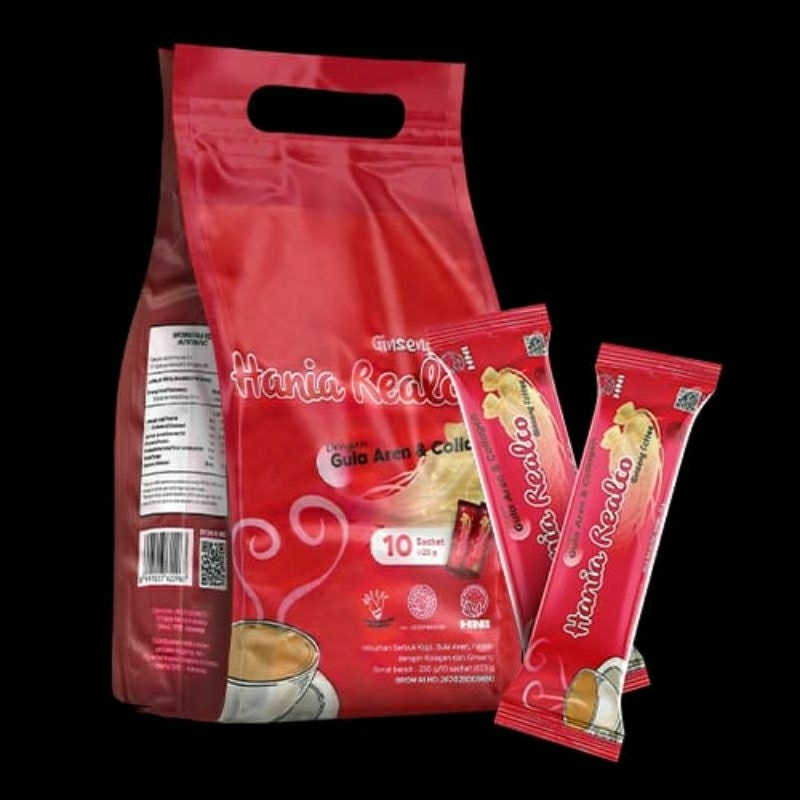 

HANIA REALCO GINSENG COFFEEMinuman serbuk kopi dengan kandungan gula aren, krimer, kolagen, dan ginseng