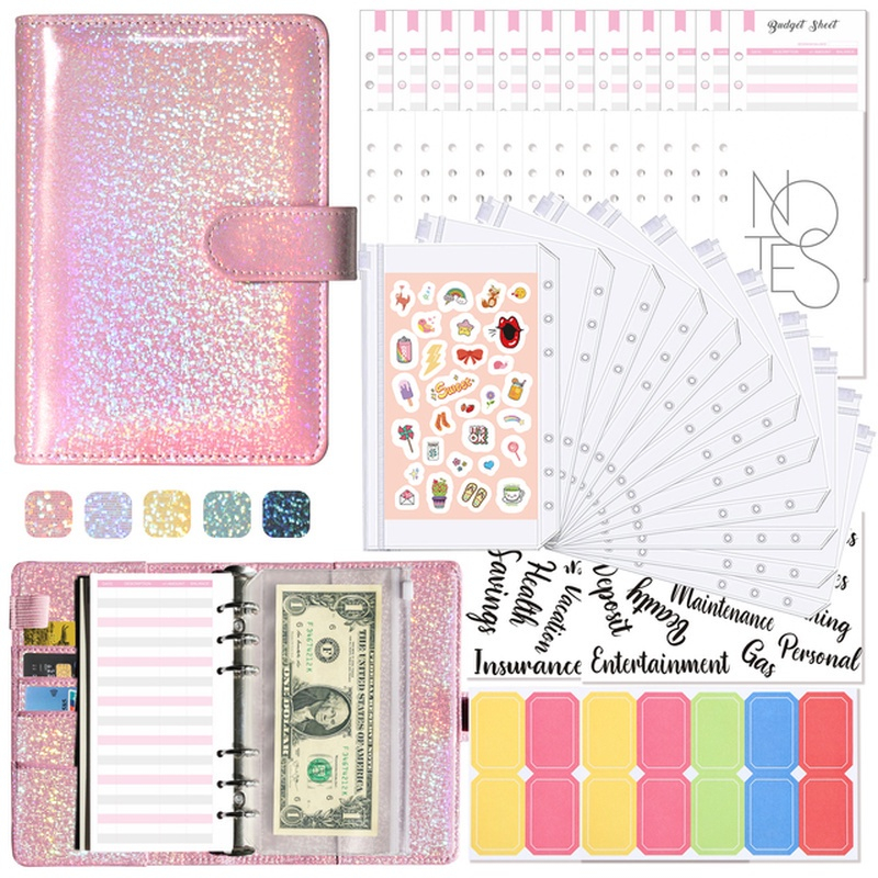 

A6 Glitter Binder dengan Kantong Ritsleting Arus Amplop untuk Penganggaran Uang Penyimpanan Organizer dengan Stiker Label Bisnis Binder Notebook Alat Tulis
