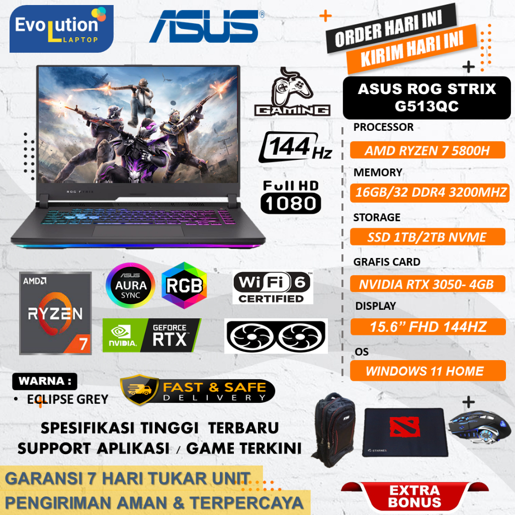 LAPTOP GAMING ASUS ROG STRIX G15 G513QC AMD RYZEN 7 5800H 32GB 1TB RTX3050 FHD IPS 144HZ RGB GREY