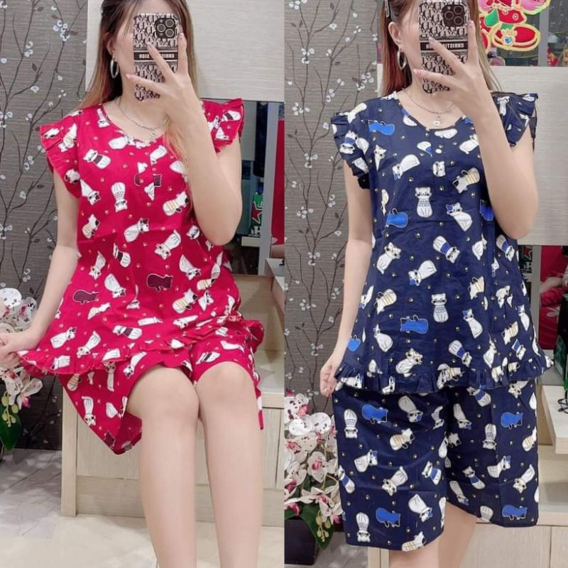Piyama Wanita Yukensi Babydoll motif miaw - Baju tidur Cat Warna Yukensi