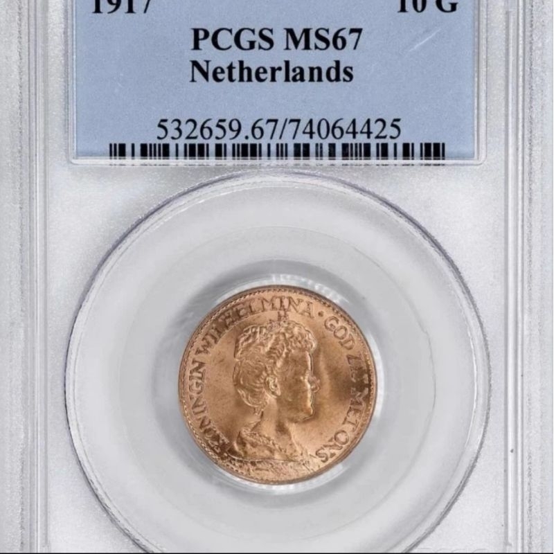 Koin emas 10 gulden 1917 wilhelmina top score NGC PCGS MS 67 gold coin