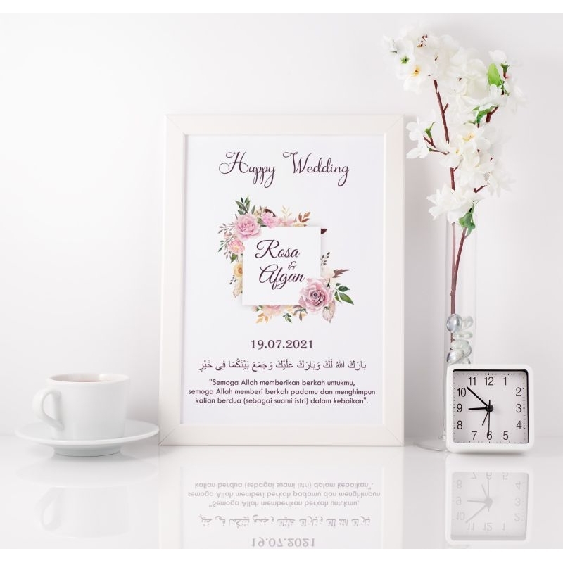 Gift Kado Hadiah Pernikahan Pigura Frame Bingkai Kaca Hitam Putih 10Rs 25x35 cm Ucapan Happy Wedding