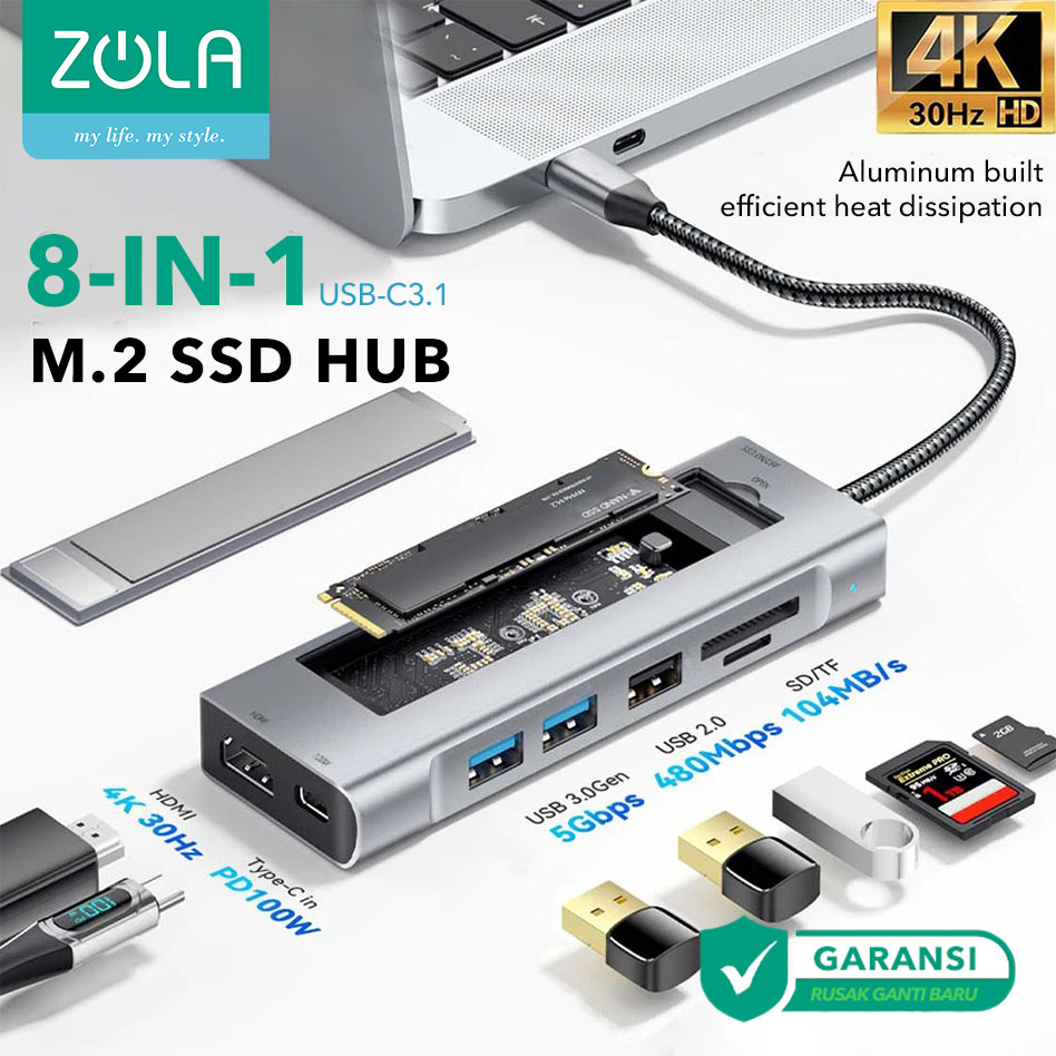 Zola 8 in 1 USB HUB Type C 3.1 Enclosure SSD M.2 NVMe 4K HD4K PD 100W