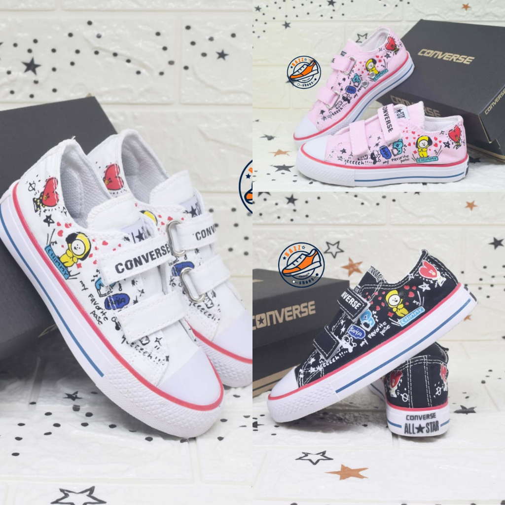 SEPATU ANAK CEWEK COWOK CONVERS BTS BT21 SNEAKER TANPA TALI KETS LAKI LAKI PEREMPUAN VELCRO