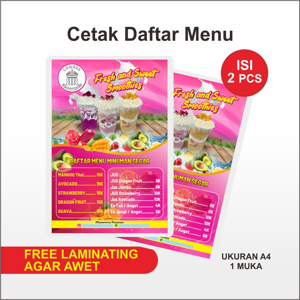 Cetak Daftar Menu A4 + Laminating