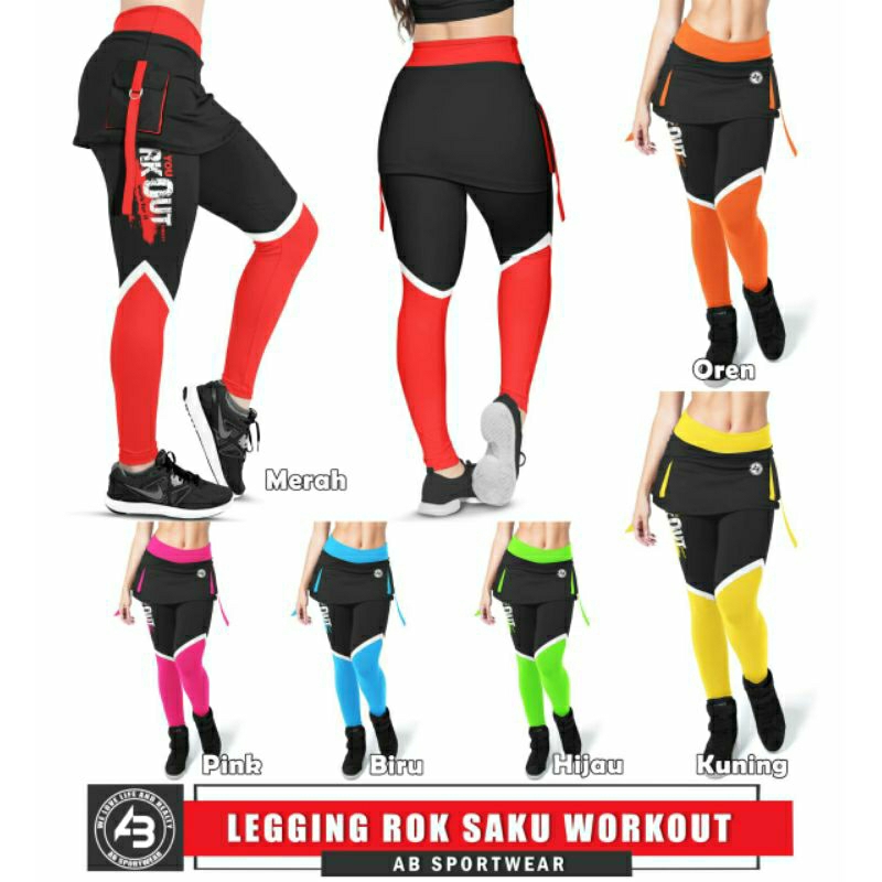 Celana legging Rok saku/kantong WORKOUT leging rok sport olahraga Senam Aerobic Gym Yoga Wanita