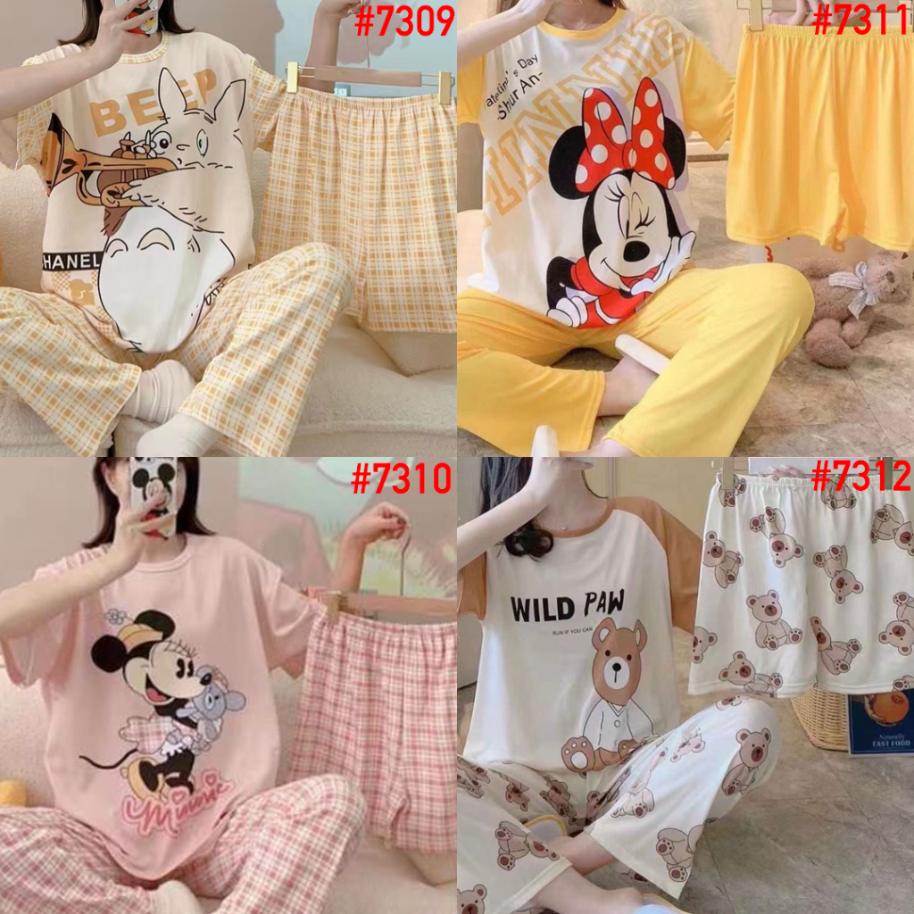 LEISURE WEAR Setelan Piyama Wanita CP 3in1 Baju Tidur Bobo Karakter Motif Korea Spandex Import