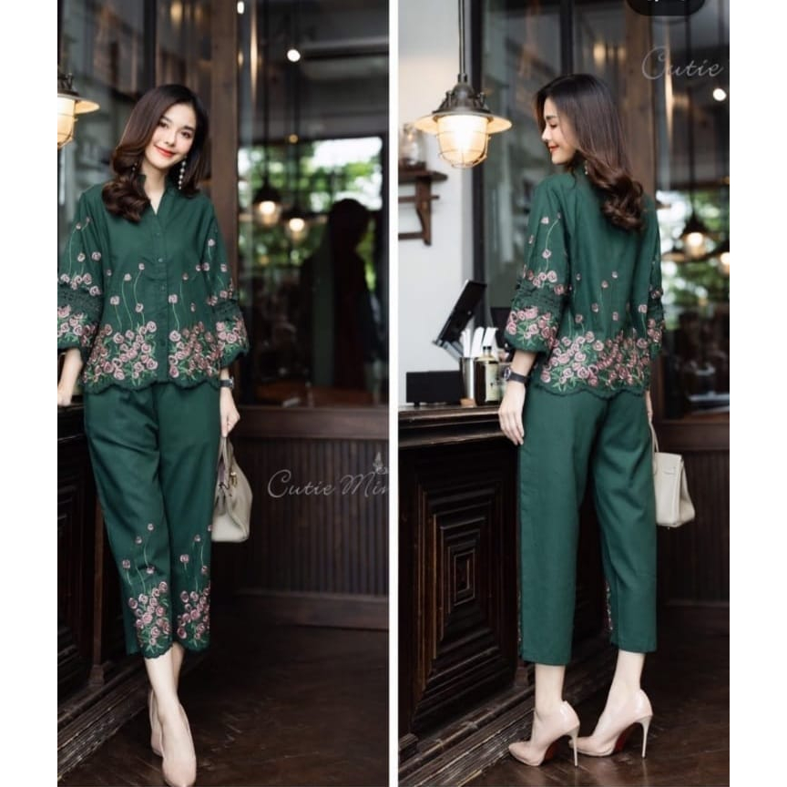 setelan linen hijau daun dengan bordir bunga cantik cutie minute