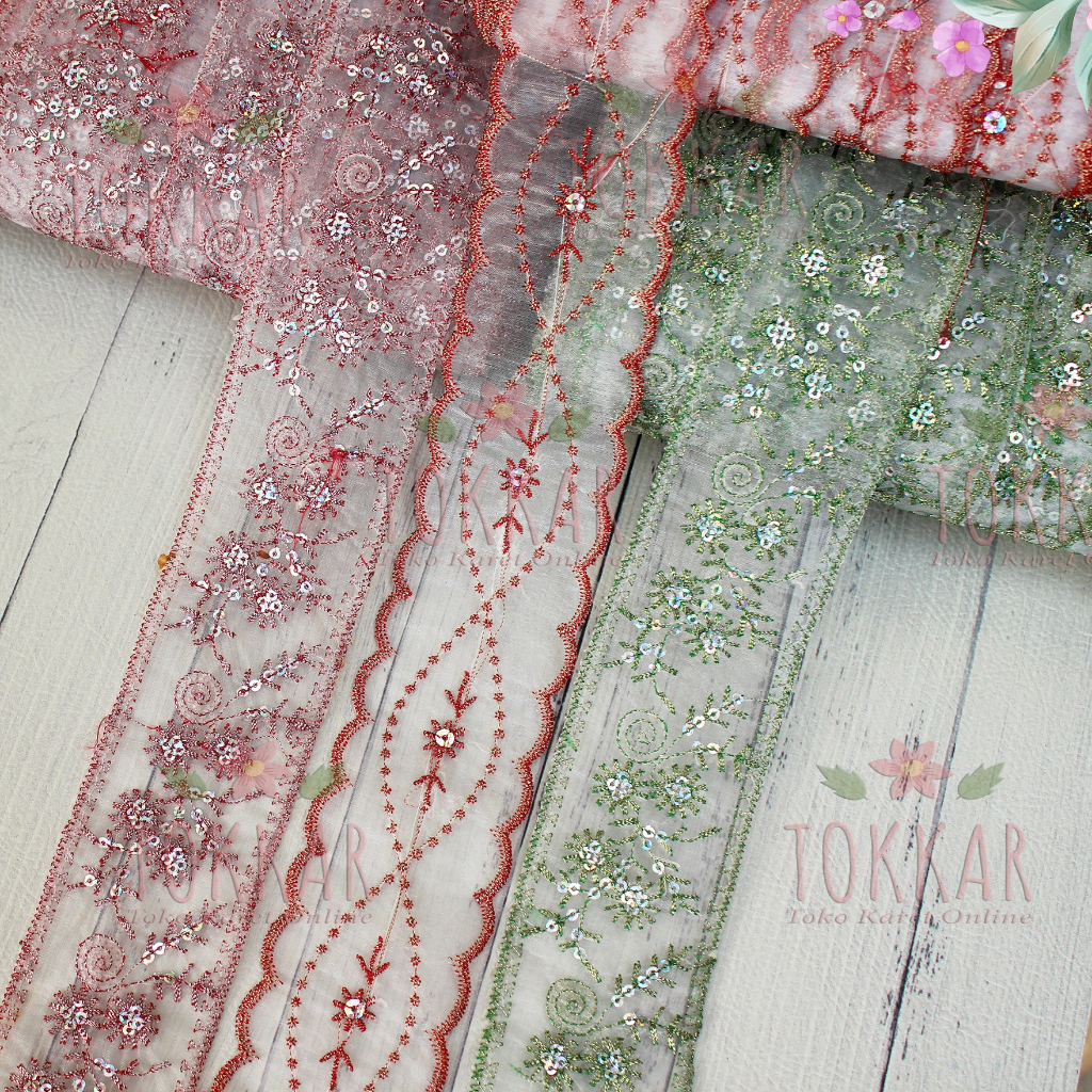

(Per Meter) PT146 Pita Organdi Variasi Mote Cantik Lebar 5Cm-5,5Cm