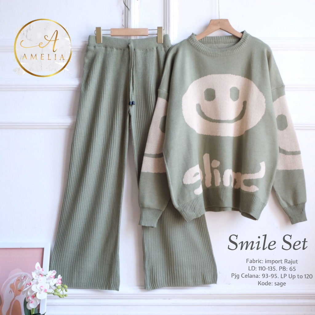 SMILE SET ORIGINAL BY AMELIA SETELAN BAJU WANITA BLOUSE RAJUT DAN CELANA KULOT ONESET JUMBO OVERSIZE