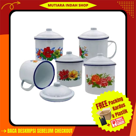 Mug Enamel Dengan Penutup/Mug Enamel Jadul Motif Bunga