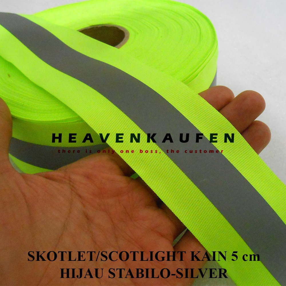

Pita Skotlet Lebar 5 cm Meteran hijau stabilo-Silver Kain Jaket lis kombinasi strip webbing baju rompi safety Scotlite Scotlight Reflective 2