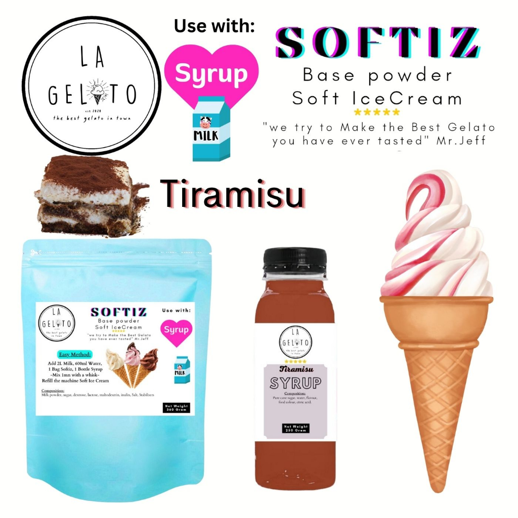 

Paket Softiz bubuk soft ice cream dan sirup rasa Tiramisu untuk 3kg | Powder Ice Cream Fruity Buah Murah Mudah Cool Dingin Tahan Lama Coklat Vanila Thai Tea Capuccino Es Doger Taro Leci Anggur Strawberry