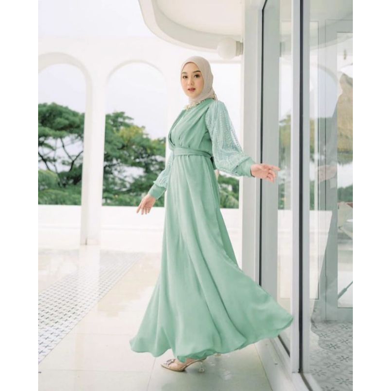 Gamis Kondangan Wanita Remaja Fashion Kekinian Azaira Dress Bahan Wollpeach Mix Brukat Warna SagePas