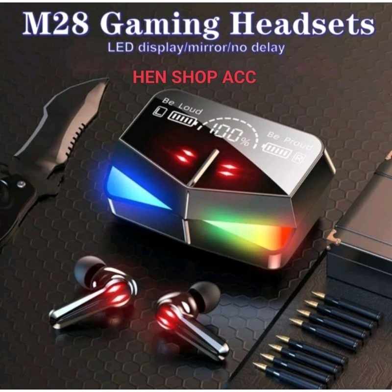 Headset Bluetooth Gaming TWS M28 Dual Mode LED Smart Display ( NO DELAY)