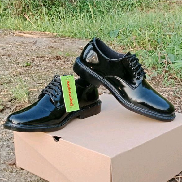 sepatu PDH pantofelan Bulat tali hitam kilap kulit sapi asli