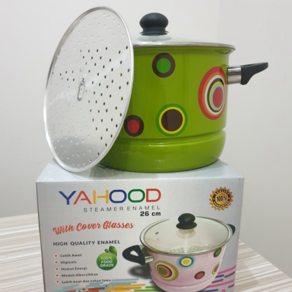 Dijual Panci Kukus YAHOOD 26cm / Stockpot Steamer Enamel Ceramic Tutup Kaca Berkualitas