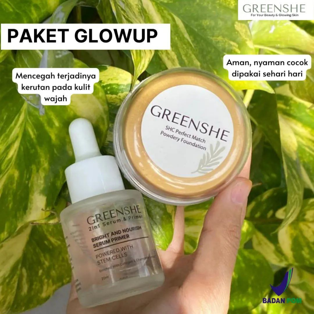 Paket Glow Up Bedak Glowing dan Serum Greenshe | SHC Perfect Match Powdery Foundation | 2 in 1 Bright and Nourish Serum Primer