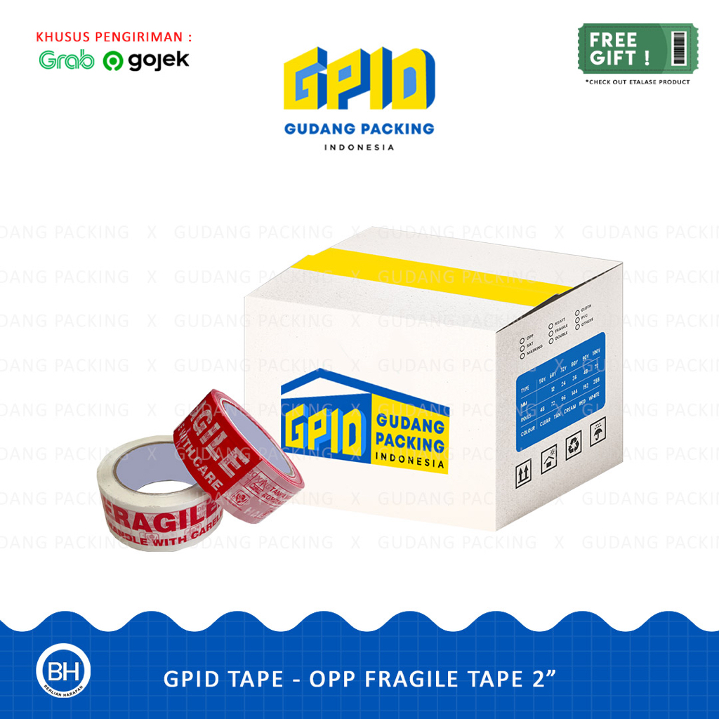 

(GOSEND/GRAB) GPID TAPE - Lakban 2 inch Fragile Merah / Putih