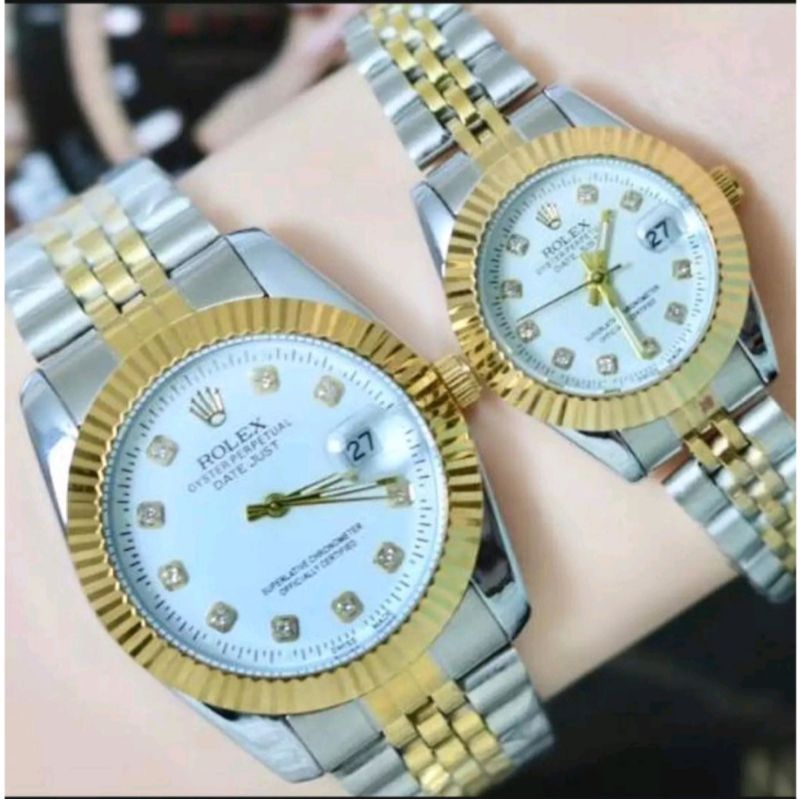 Jam Tangan Couple Pasangan ROLEX Original Analog Tanggal Aktif Rantai Stainless Waterresist Tahan Ai