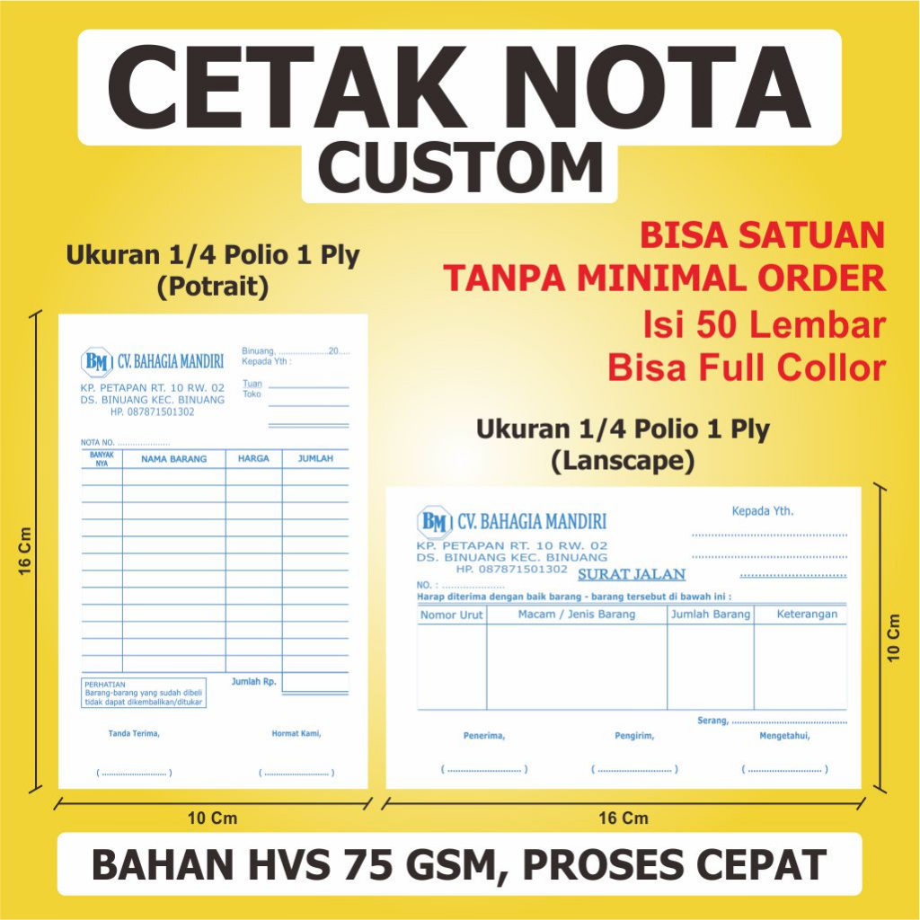 

Nota Custom 1/4 Folio 1 PLY Bahan HVS 75 Gsm Murah / Nota Satuan / Nota Kontan / Ukuran Standar A6 / Nota Full Color Bisa Satuan / Surat Jalan Custom / BON / Kwitansi