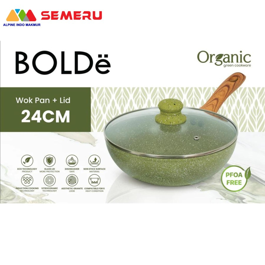 BOLDE ORGANIC GREEN COOK PAN WOK 24 CM + TUTUP KACA