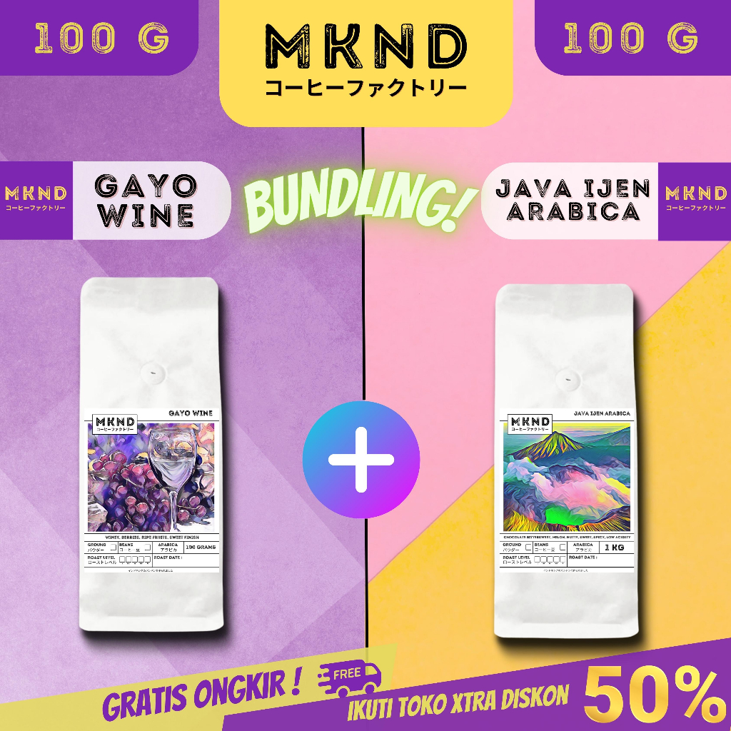 

MKND® BUNDLING HEMAT 2X100 KOPI ARABIKA ACEH GAYO NATURAL WINE PROCESS + KOPI ARABIKA JAVA IJEN BLUE MOUNTAIN NATURAL GRADE 1 SINGLE ORIGIN PROMO DISCON | BIJI BUBUK | SINGLE ORIGIN | PREMIUM COFFE | ROASTED BEANS | MANUAL BREW | COFFE ROASTERY