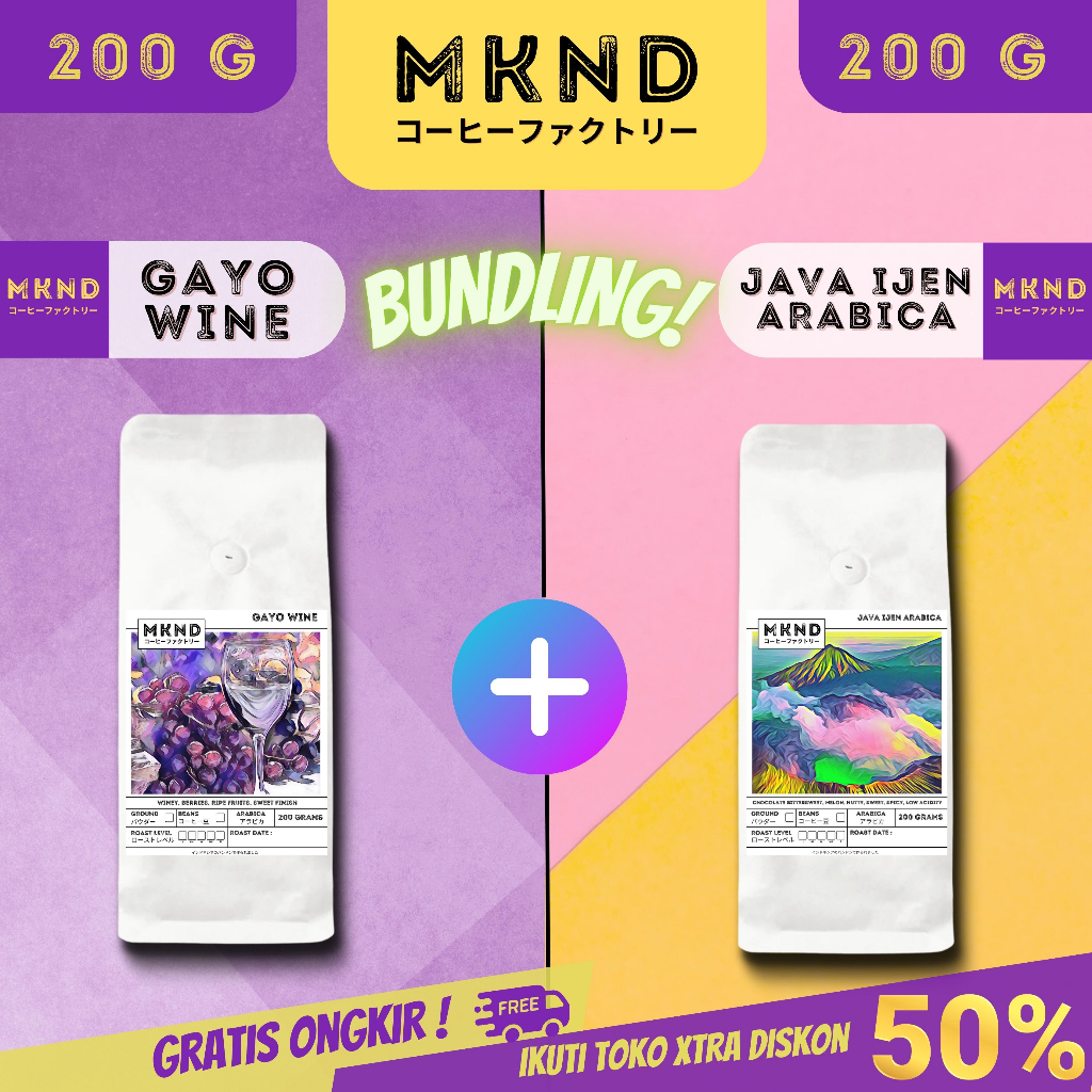 

MKND® BUNDLING HEMAT 2X200 KOPI ARABIKA ACEH GAYO NATURAL WINE PROCESS + KOPI ARABIKA JAVA IJEN BLUE MOUNTAIN NATURAL GRADE 1 SINGLE ORIGIN PROMO DISCON | BIJI BUBUK | SINGLE ORIGIN | PREMIUM COFFE | ROASTED BEANS | MANUAL BREW | COFFE ROASTERY