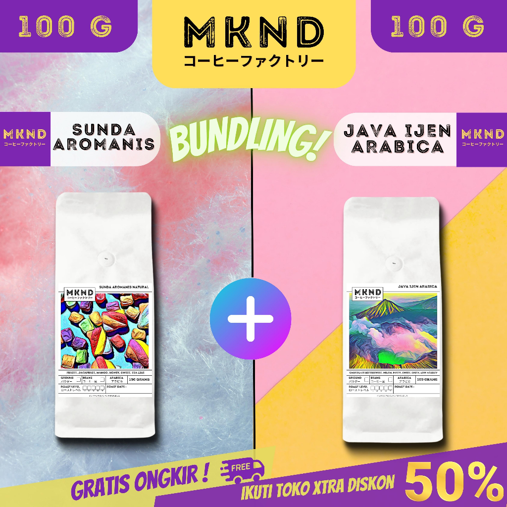 

MKND® BUNDLING HEMAT 2X100 KOPI ARABIKA SUNDA AROMANIS NATURAL SPECIALTY COFFEE SINGLE ORIGIN + KOPI ARABIKA JAVA IJEN BLUE MOUNTAIN NATURAL GRADE 1 PROMO DISCON | BIJI BUBUK | SINGLE ORIGIN | PREMIUM COFFE | ROASTED BEANS | MANUAL BREW | COFFE ROASTERY