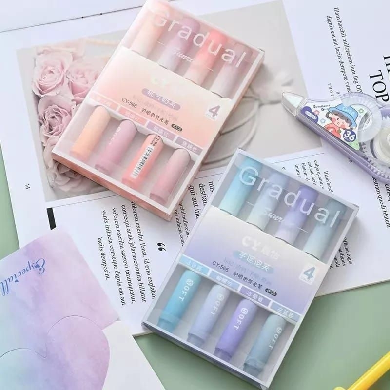 1 Set Isi 4 Highlighter Warna Pastel Terang / 1 Set Stabilo Highlighter Warna