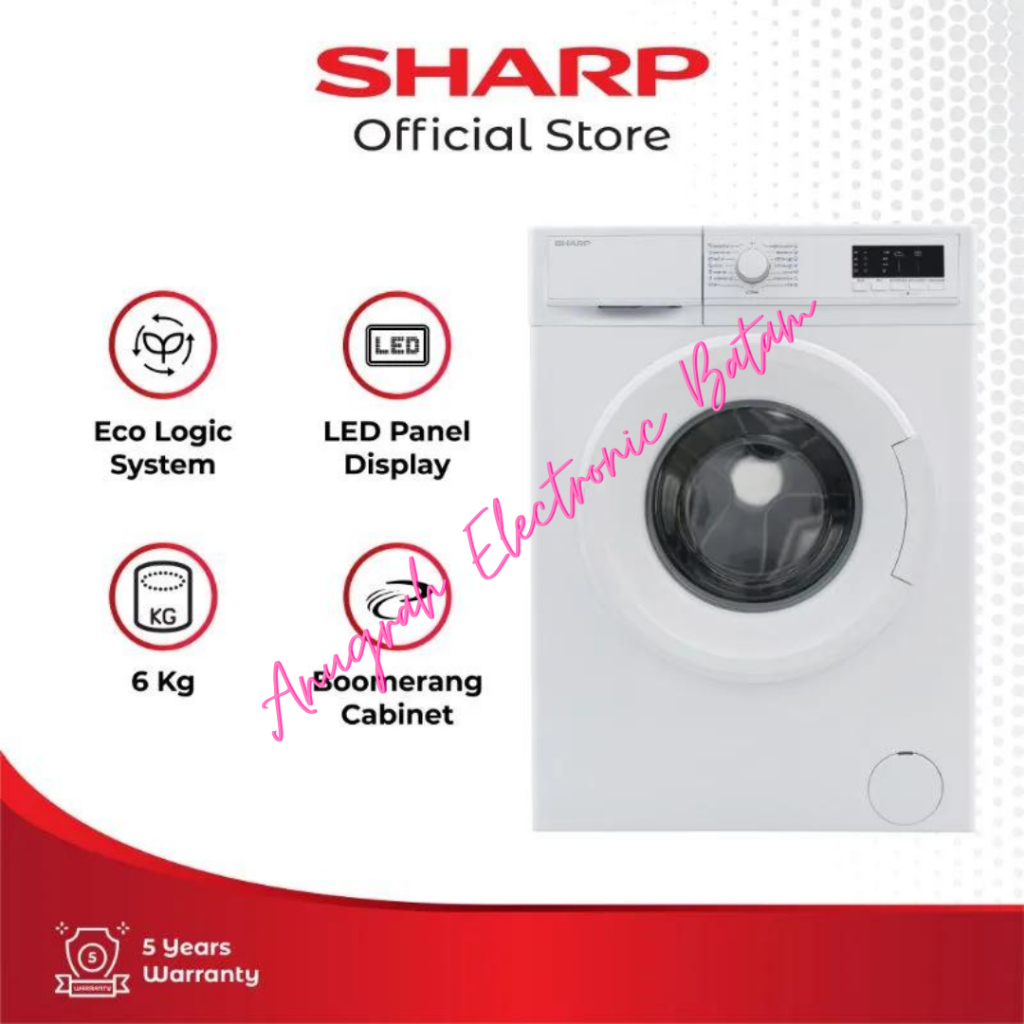 Sharp Mesin Cuci 6Kg ES-FL1062B Front Loading Boomerang Series BATAM