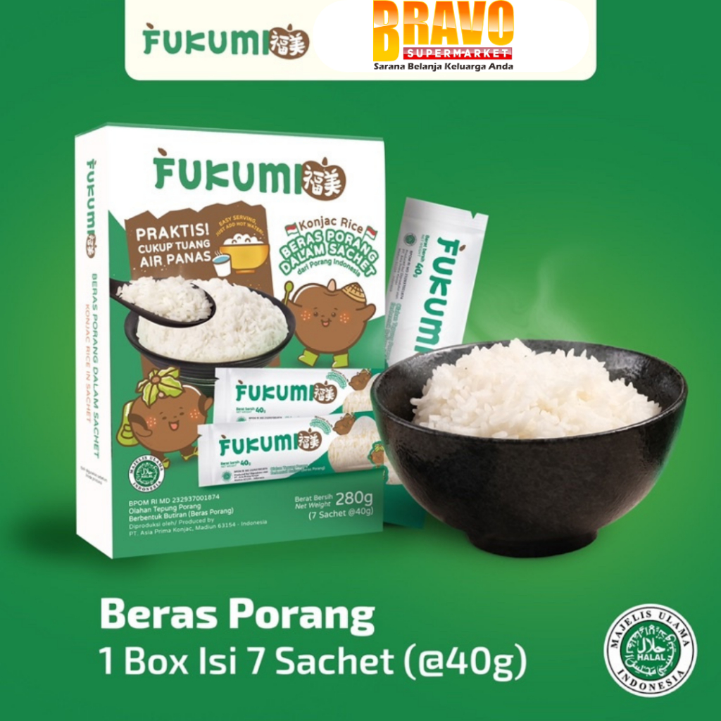 

Bravo Bojonegoro - FUKUMI Beras Porang Box 280GR ( 7 Sachet @40GR ) - Shirataki/Konjac Rice