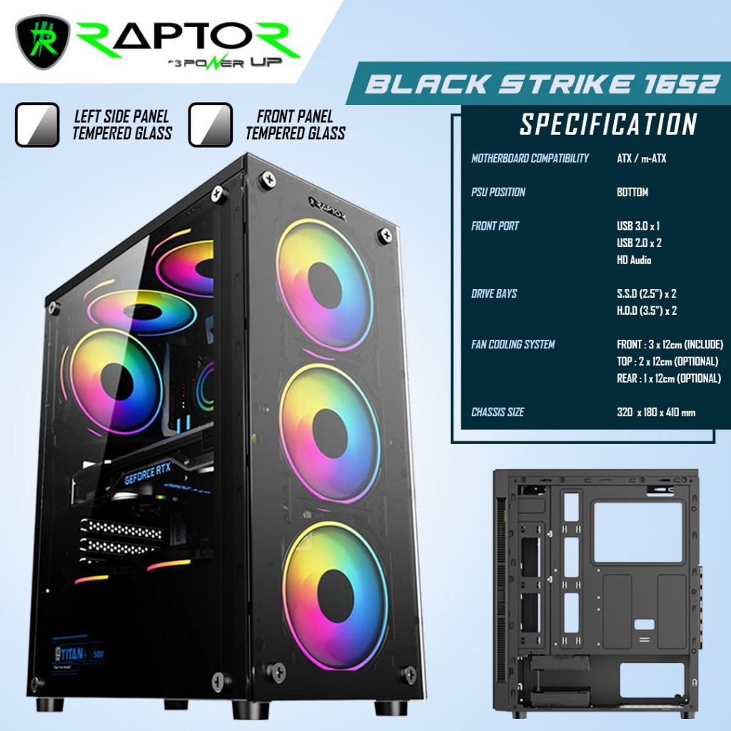 casing PC gaming Power Up Raptor Black Strike 1652 include 3 fan