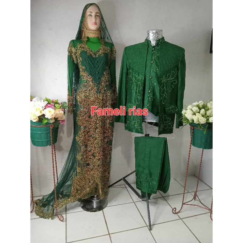 sepasang kebaya ekor pengantin pria wanita murah modern hijau botol