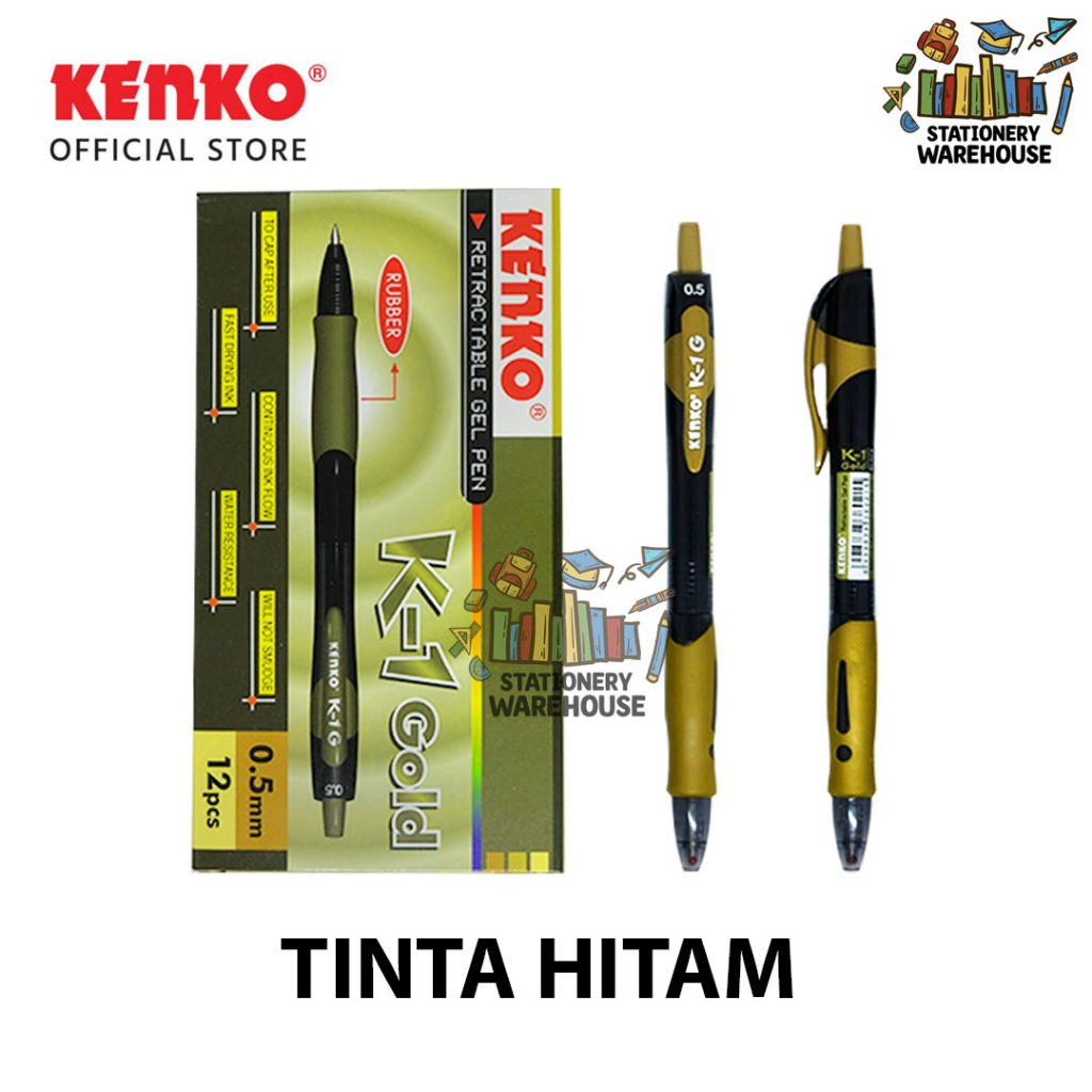 

GEL PEN K-1 K1 GOLD 0.5 mm KENKO Retractable Hitam ( GOLD CASING )