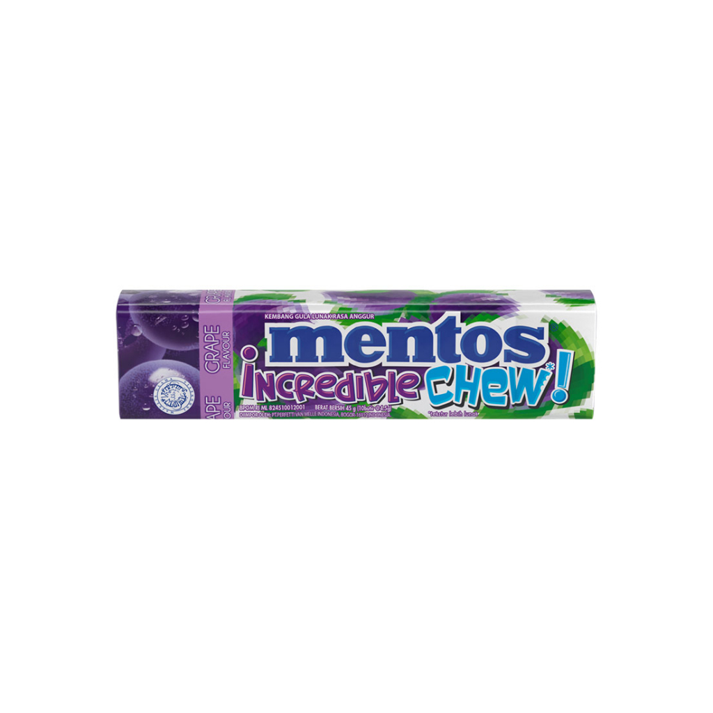 

Mentos Incredible Chew Grape 45g - Permen Karet Rasa Anggur (1 stick)